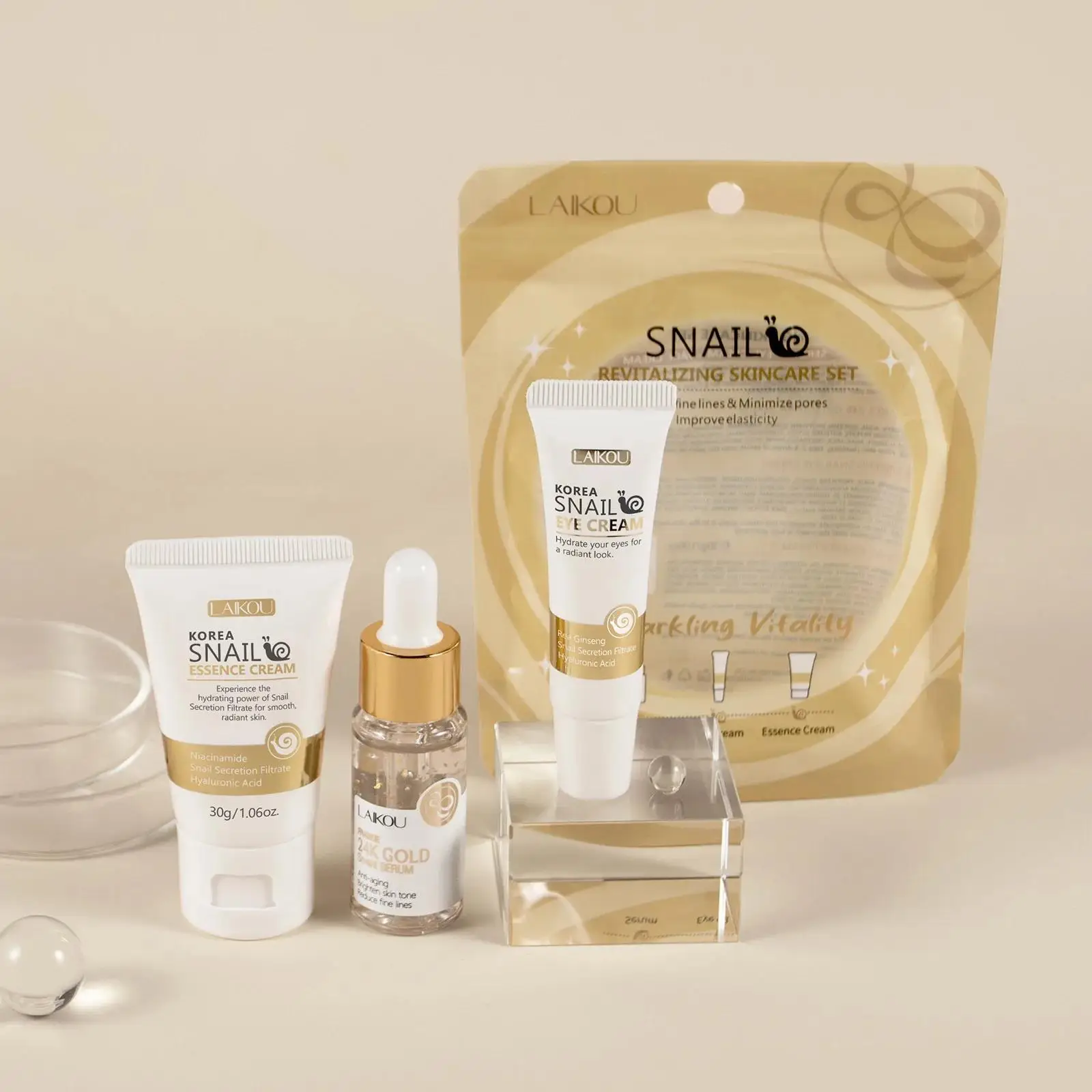 Luxury Skincare Set - เซรั่มบำรุงผิวหน้าและรอบดวงตาสูตรทองคำ 24K ผสมสารสกัดจากหอยทาก ช่วยเติมความชุ่มชื้น ลดเลือนริ้วรอย กระชับรูขุมขน